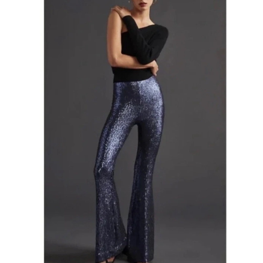 New Anthropologie Navy Blue Sequin Flare Pants High Rise Party Size 8 Joni Fancy